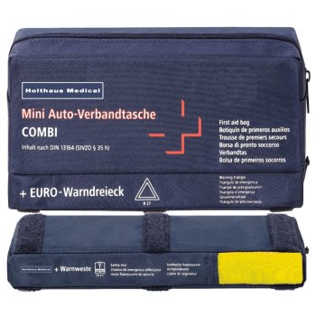 Mini 3 in1 KFZ Verbandtasche HOLTHAUS mit Warndreieck und Warnweste Verbandkasten nach DIN 13164